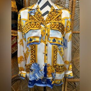 Vintage NWT 1980s Paolo Santini retro geo print silk blouse